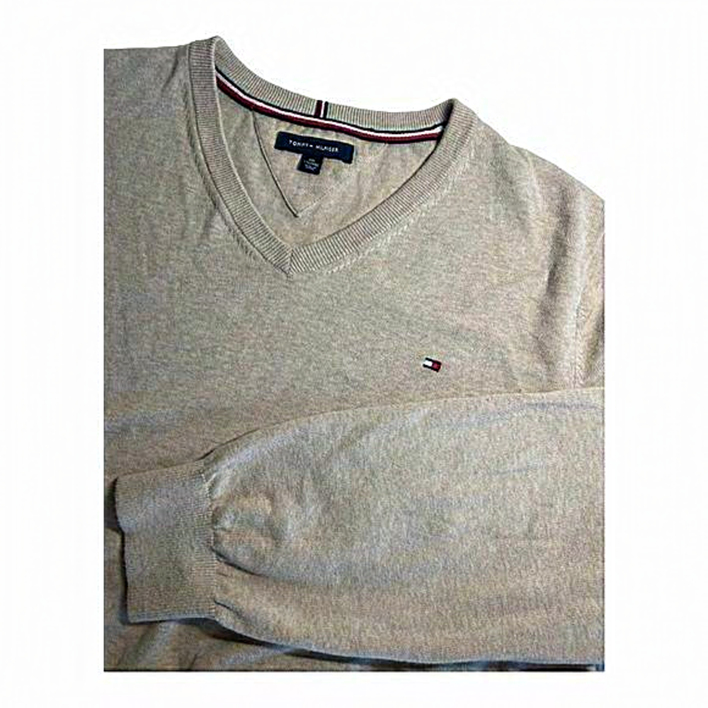 Tommy Hilfiger‎ Mens Sweater XXL Tan Cream Small V Neck Cotton